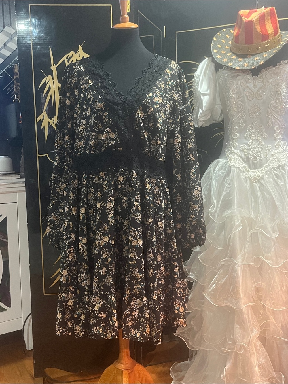 Black Floral Lace-Trim Girls' Dress